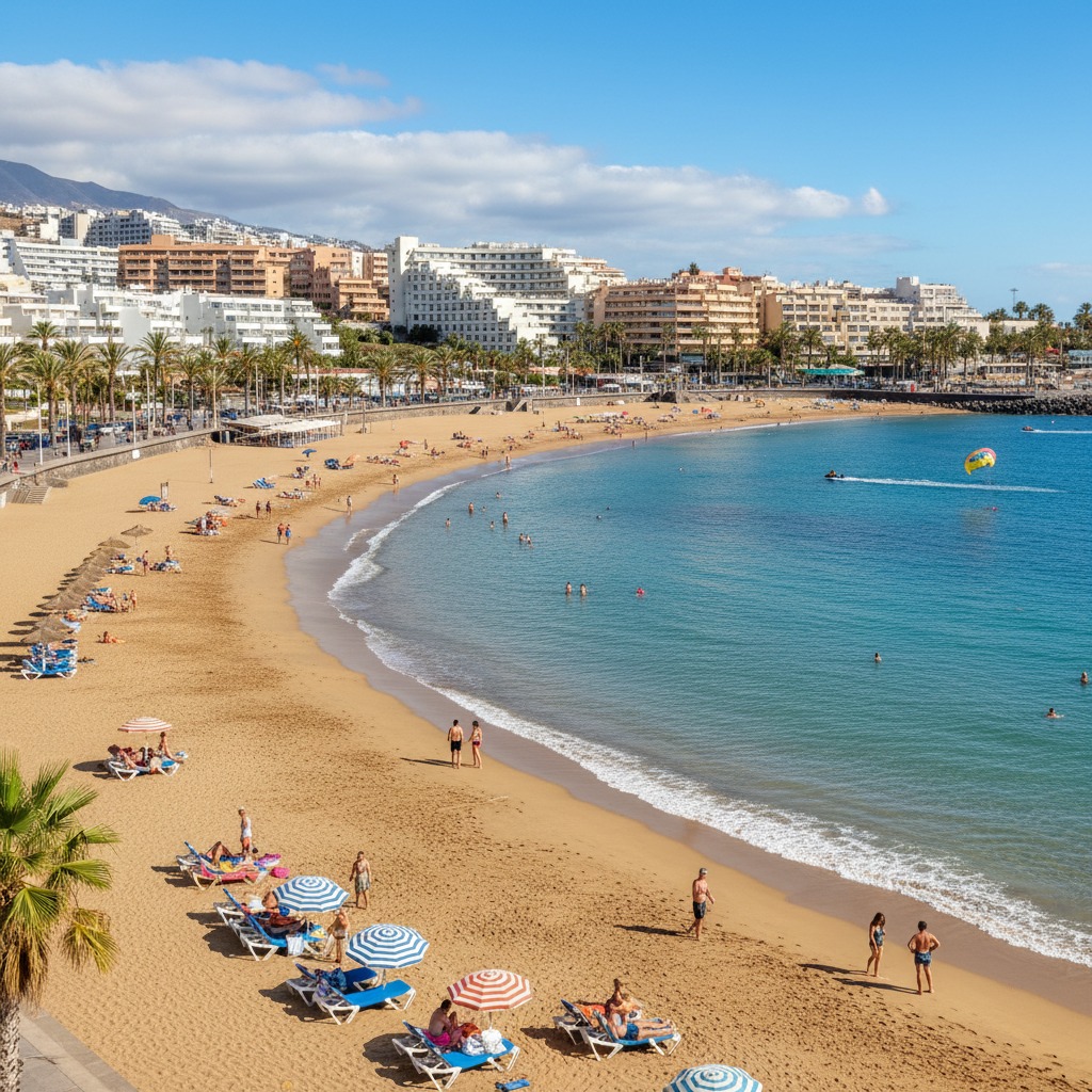 A wide sandy beach with sunbathers under umbrellas curves along a blue bay lined with hotels and palm trees.