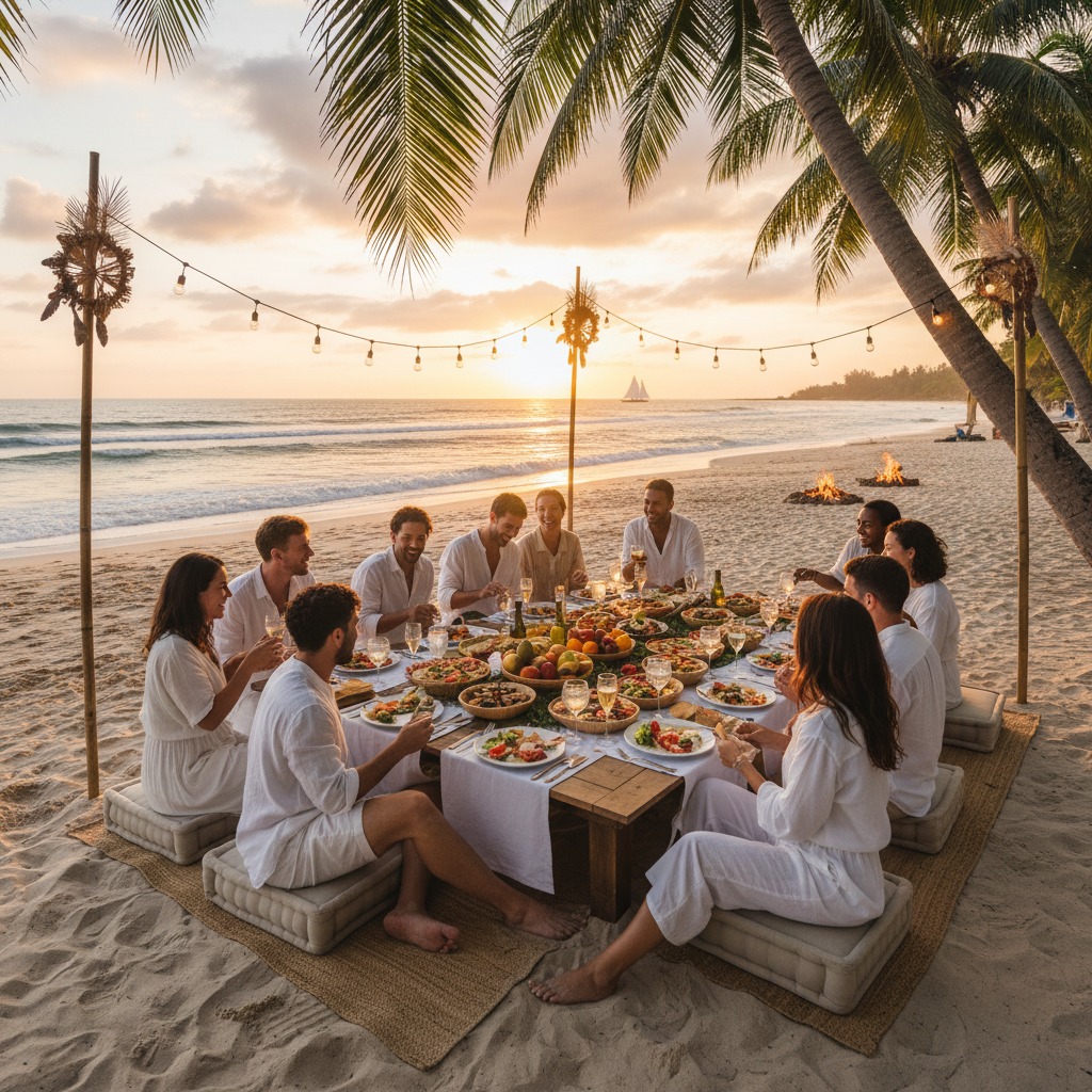 A large group of friends in white clothing enjoy a sunset dinner at a long table on a sandy beach.