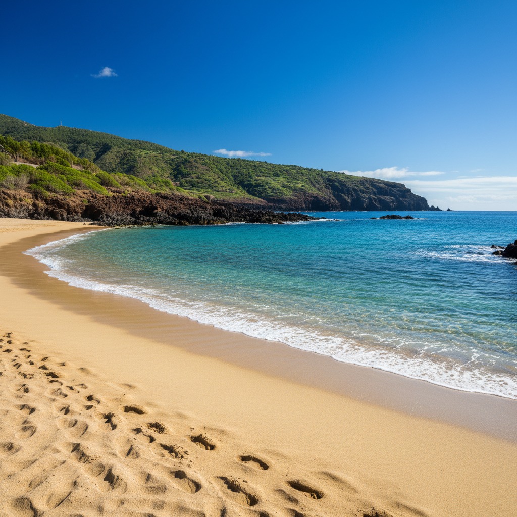 Footprints mark the golden sand of a curving tropical beach with turquoise water and a green coastal mountain under a clear blue sky.