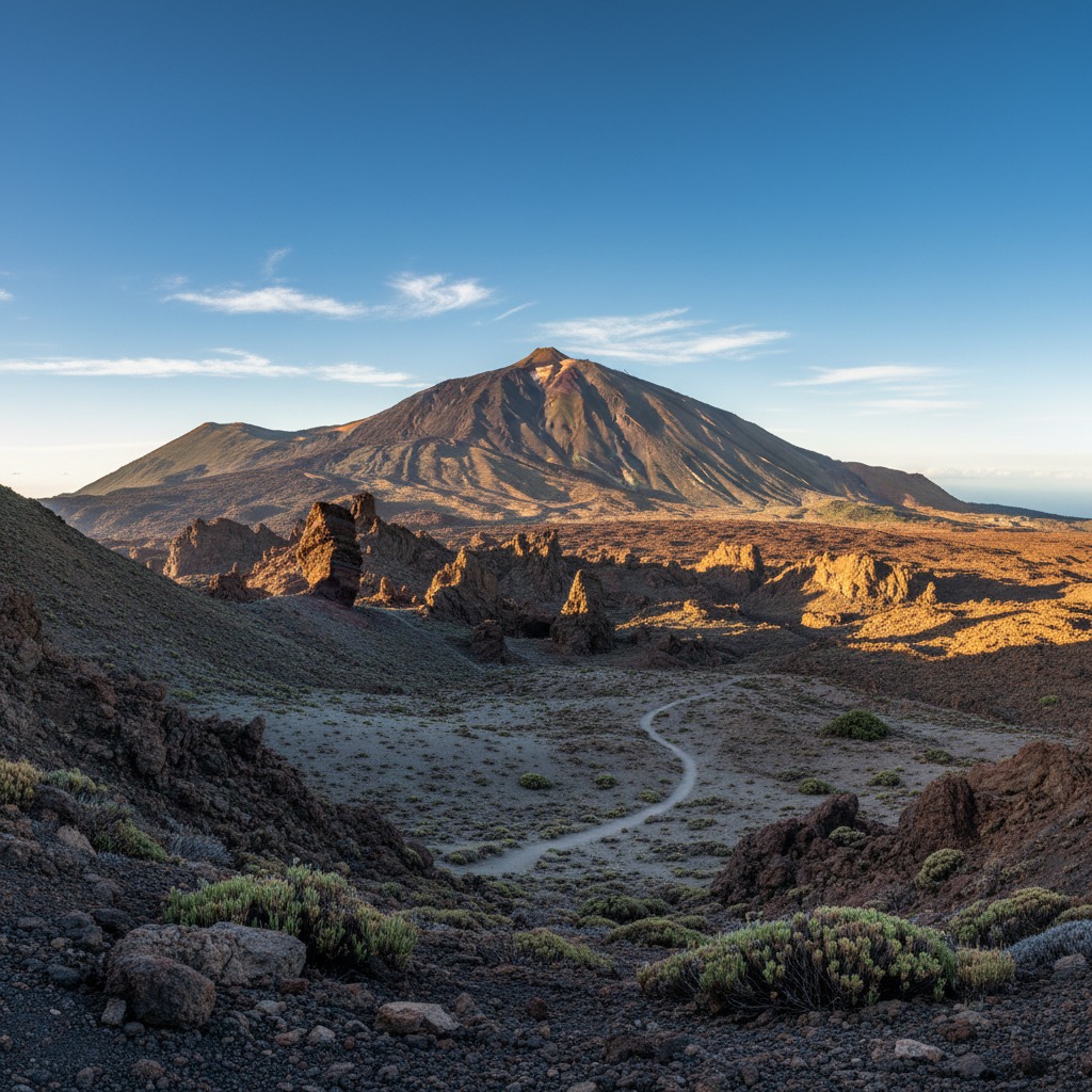 A winding dirt trail leads through a volcanic valley toward the massive peak of Mount Teide under a clear blue sky.