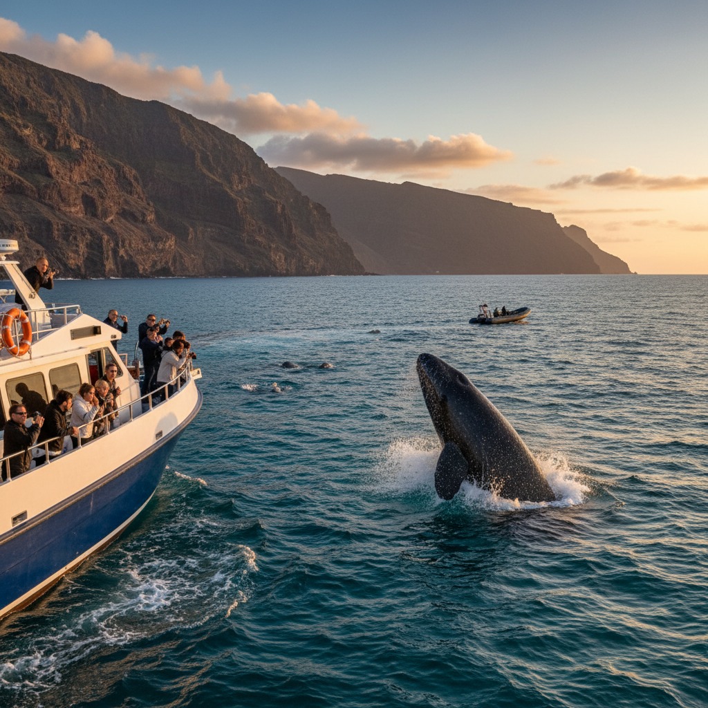 Tourists on a boat watch a whale breach the water near dramatic coastal cliffs at sunset.