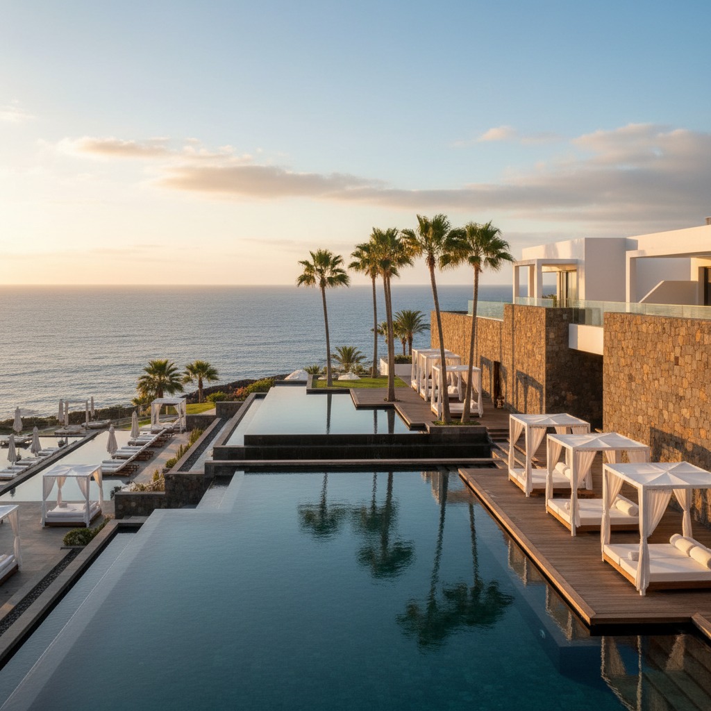 Luxurious resort infinity pools overlook the ocean at sunset, flanked by cabanas and palm trees on a wooden deck.