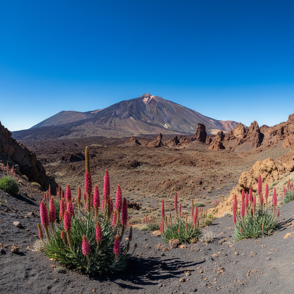 Bright pink Tajinaste flowers bloom in the volcanic landscape of Mount Teide under a clear blue sky.