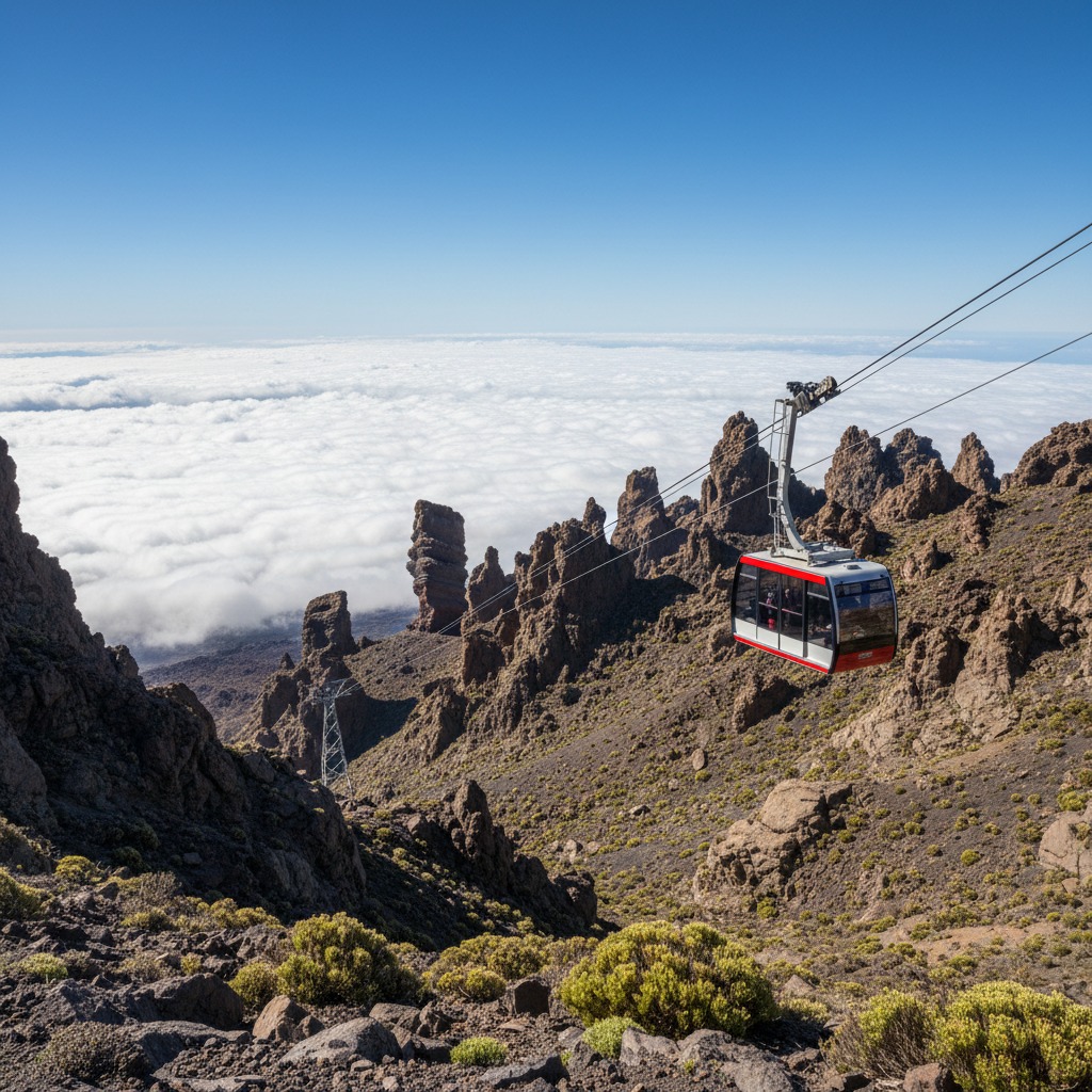 A red and white cable car travels above rocky terrain overlooking a sea of clouds under a blue sky.
