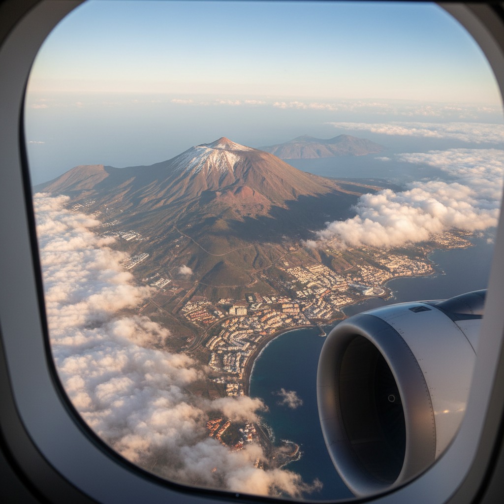 An aerial view from an airplane window shows a large mountain with a snow-capped peak rising above clouds and coastal towns.