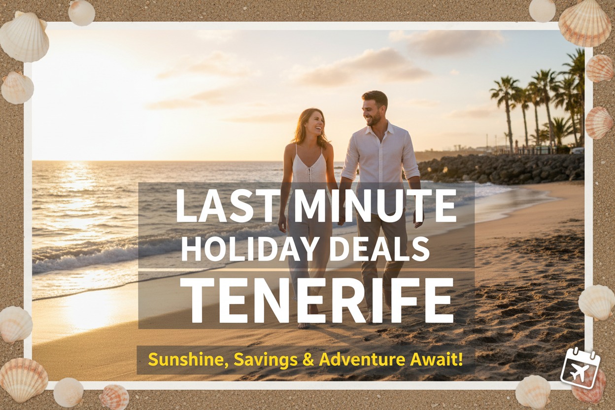 A smiling couple walks hand-in-hand along a sandy beach at sunset, with overlaid promotional text for holiday deals in Tenerife.
