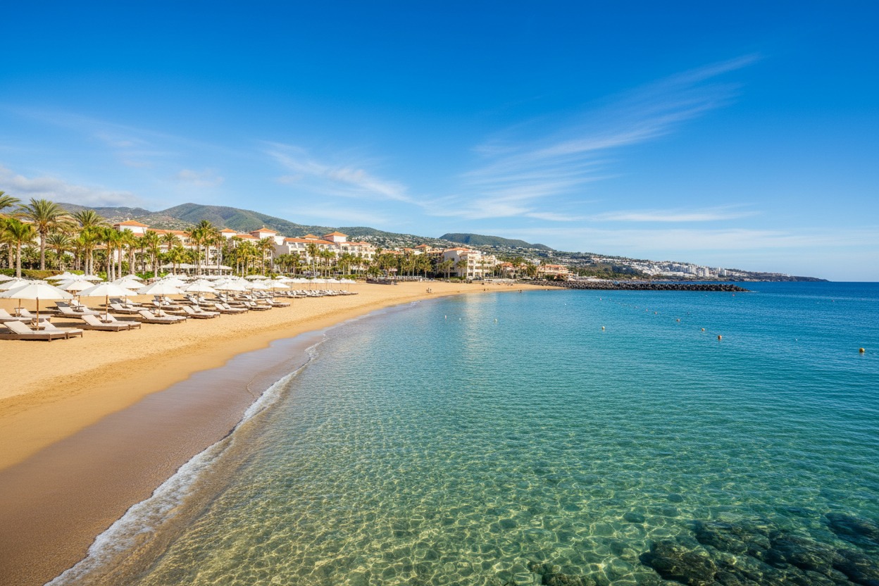 Sunbeds and white umbrellas line a sandy beach with turquoise water, a resort, and green hills under a bright blue sky.