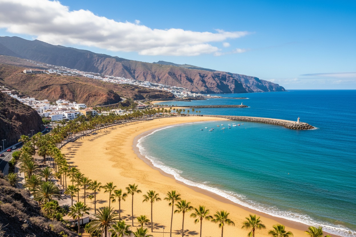 A wide, golden sand beach curves along a turquoise bay, lined with palm trees and backed by steep, dry mountains under a blue sky.
