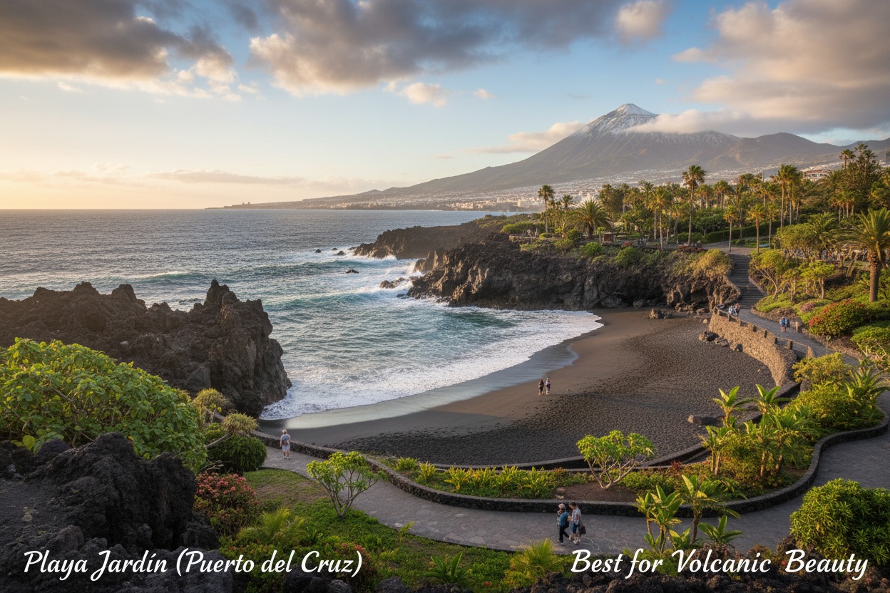 Black sand beach of Playa Jardín in Puerto de Cruz with the snow-capped Mount Teide in the background.